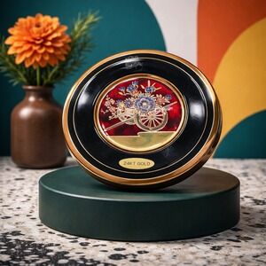 Chokin Art 24KT Gold Gilded‎ Vintage Japanese Plate Floral Cart Black 6 Inch